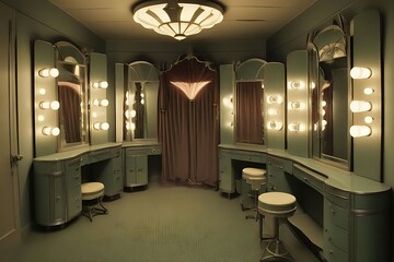  an Art Deco theater dressing room with vintage vanities, mirrors, and costume racks design. 