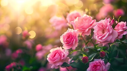 Obraz premium Stunning pink roses in a sunlit garden. Beautiful nature at its best. Perfect for floral backgrounds and spring themes. This image is serene and radiant. AI