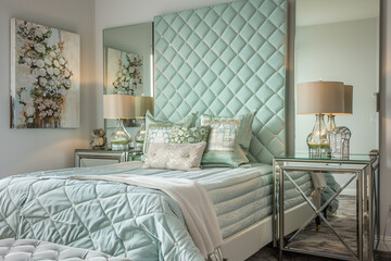 Glamorous art deco bedroom with a quilted mint headboard, mirrored side tables, and an art deco style wall art.