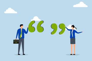 Fototapeta premium Inspiration quotes to motivate people, businessman and businesswoman standing with quotation mark sign.