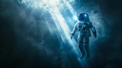 Fototapeta premium astronaut piercing through shadowy backdrop with beam of light symbolic of hope and enlightenment conceptual digital artwork