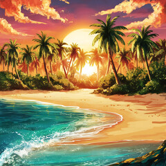 Summer background with sunset and  palm trees lining the horizon.