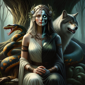 Hel, the Norse goddess, between Life &Death, half living and half dead. Accompanied by Fenrir and the Midgard Serpent. Daughter of Loki. World tree Yggdrasil. Valhalla. Mystic Dualism. Generative AI	