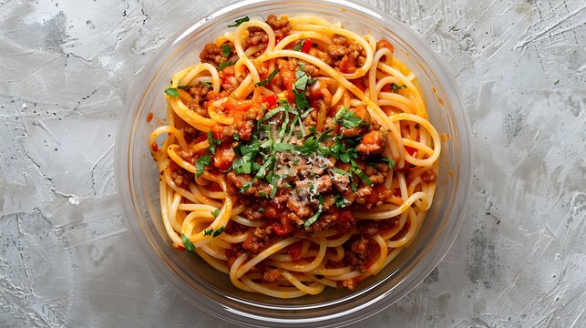 A top-down view of a hearty serving of spaghetti Bolognese garnished with fresh herbs and accompanied by curved sausages, presented in a translucent disposable plastic bowl.