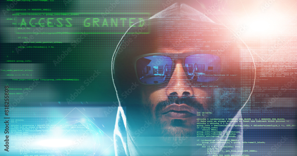 Aufkleber Code overlay, hacker and portrait of man for programming, coding and information technology in dark. Cybersecurity, computer interface and person with mockup for online crime, fraud and install virus