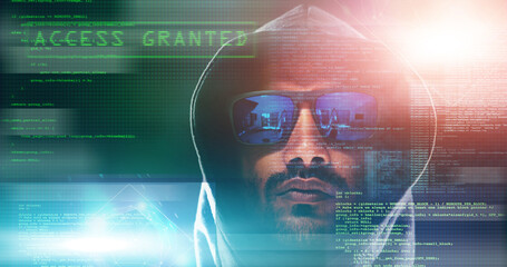 Code overlay, hacker and portrait of man for programming, coding and information technology in...