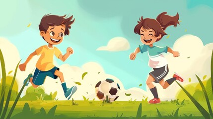cartoon kids playing football or soccer boy and girl running and kicking ball sports illustration