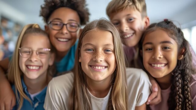 portrait de jeunes enfants souriants en groupe dans leur salle de classe photo