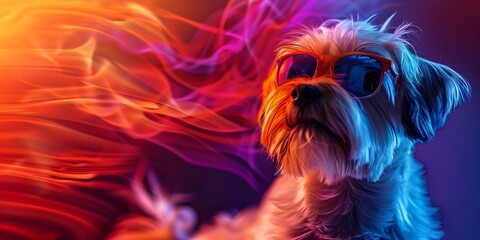 A playful dog wearing sunglasses on a vibrant background with AI. Concept Pet Portraits, Outdoor Photoshoot, Colorful Props, AI Editing, Playful Poses