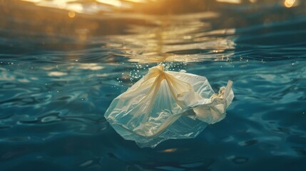 discarded plastic bag floating in the ocean environmental pollution concept