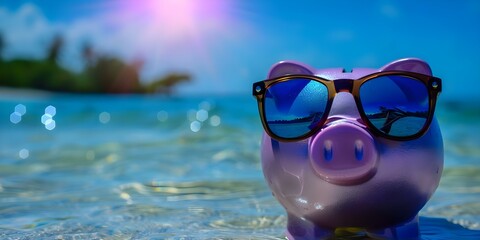 Piggy bank in sunglasses at beach symbolizes saving for vacation. Concept Photography, Savings, Vacation, Beach, Piggy Bank