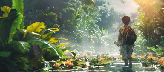 Botanical Explorer Researcher Collecting Specimens in a Lush Jungle Canopy