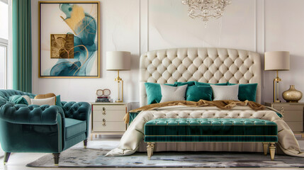 Luxurious art deco bedroom scene with a frontal view of a cream and teal tufted headboard, a velvet green settee, and a gold framed abstract painting.