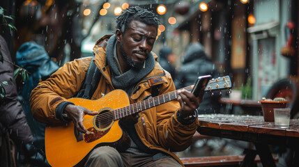 Obraz premium Musician Serenading on Busy Street