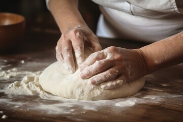 Fototapeta premium Close-up of a baker's hands kneading dough on a wooden board, part of the bread-making process.