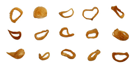 Set of fried red onions isolated on white background with clipping path. Crispy fried onion flakes, flat lay, top view. Also known as Bawang Goreng or Indonesian deep fried shallots.
