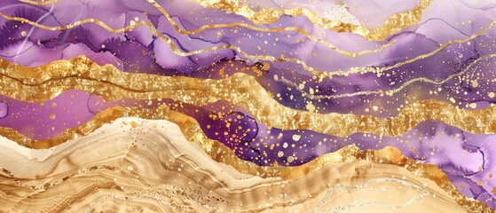 purple gold glitter ocean wave with watercolor texture background