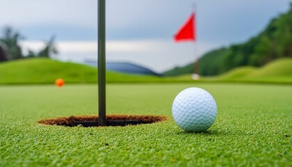 White golf ball almost falling in to hole in one