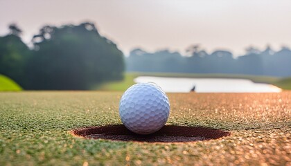 White golf ball almost falling in to hole in one