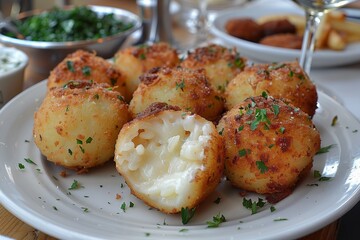 Fototapeta premium Arancini: Golden-fried rice balls with a crisp exterior and a cheesy, meaty filling visible inside