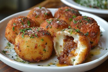 Arancini: Golden-fried rice balls with a crisp exterior and a cheesy, meaty filling visible inside