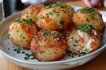 Fototapeta premium Arancini: Golden-fried rice balls with a crisp exterior and a cheesy, meaty filling visible inside