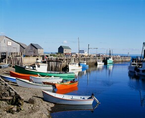 Obraz premium Boats Docked At Halls Harbour, Nova Scotia