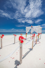 Summer love couple vibes, sunny sand sea sky. Romantic beach wedding arch background. White beach...