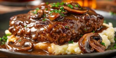 Homemade Salisbury steak with mushroom gravy mashed potatoes a classic American dish. Concept Recipes, American Cuisine, Comfort Food, Homemade Meals, Ground Beef - Powered by Adobe