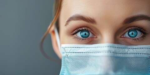 Close up portrait of pretty confident female doctor or scientist wearing medical protective facial mask over grey background. Eye of young woman physician. Medicine, profession and healthcare concept