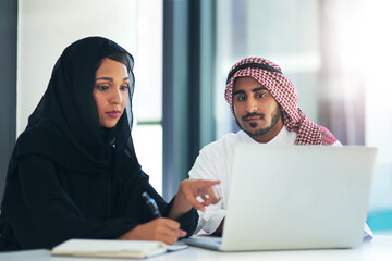 Muslim, discussion and business people with laptop in office for consult, advice or client. Lens...