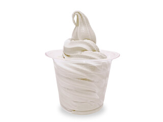 Vanilla frozen yogurt in takeaway plastic cup mockup template collection isolated on white background. Vanilla soft serve ice cream swirl in blank to go cup packaging. Cold dessert menu for summer.