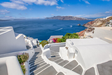 Amazing picturesque landscape, luxury travel vacation. Oia town stairs over sea view  Santorini...