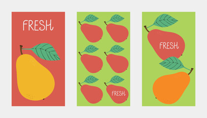 Set of summer backgrounds with pears. Vector illustration for poster, card, print, background, wallpaper, banner, advertising, label.