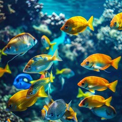 Naklejka premium A colorful fish is swimming in a school of fish