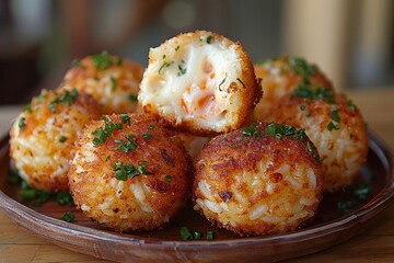 Fototapeta premium Arancini: Golden-fried rice balls with a crisp exterior and a cheesy, meaty filling visible inside