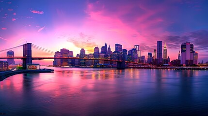 Dramatic sunset skyline, city reflections in water, urban photography. Stunning cityscape with vivid colors. Ideal for wallpapers and backgrounds. AI