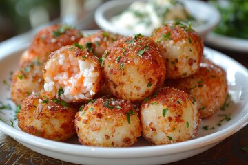 Fototapeta premium Arancini: Golden-fried rice balls with a crisp exterior and a cheesy, meaty filling visible inside