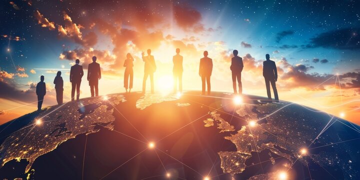 A group of business people standing on the globe, representing global influence and connectivity Generative AI