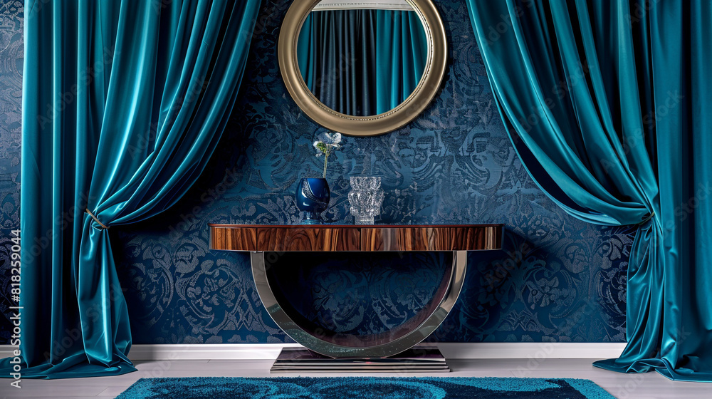 Wall mural Luxury art deco bedroom with a full front view of a navy brocade wall, teal satin curtains, and a high gloss walnut console table. - Wall murals