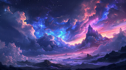 Naklejka premium Fantasy Starry Night Sky in Blue and Purple A Magical Journey Through Celestial Colors and Dreamlike Landscapes