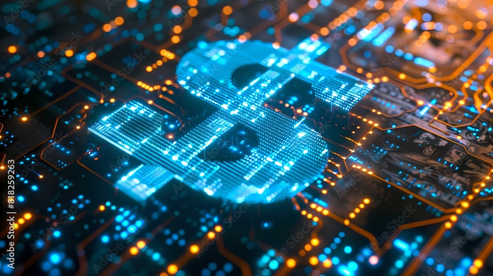 Poster illuminated bitcoin symbol on a circuit board. conceptual image of digital currency, cryptography, a