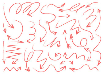 Red charcoal hand draw arrows collection. Brush strokes, artistic grunge vector arrows