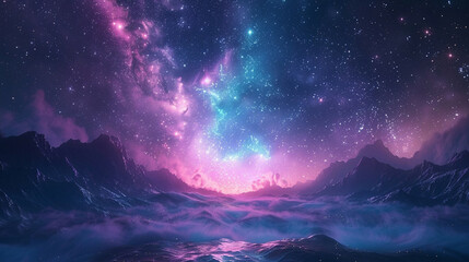 Fototapeta premium Fantasy Starry Night Sky in Blue and Purple A Magical Journey Through Celestial Colors and Dreamlike Landscapes