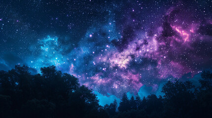 Naklejka premium Fantasy Starry Night Sky in Blue and Purple A Magical Journey Through Celestial Colors and Dreamlike Landscapes