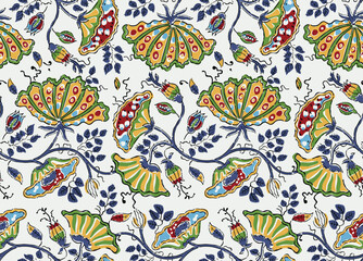 Naklejka premium HAND DRAWN MUGHAL FLORAL JAIPUR PRINTS SEAMLESS PRINT DIGITAL PATTERN