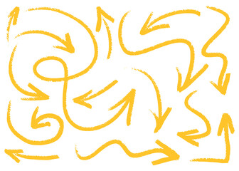 Yellow charcoal hand draw arrows collection. Brush strokes, artistic grunge vector arrows