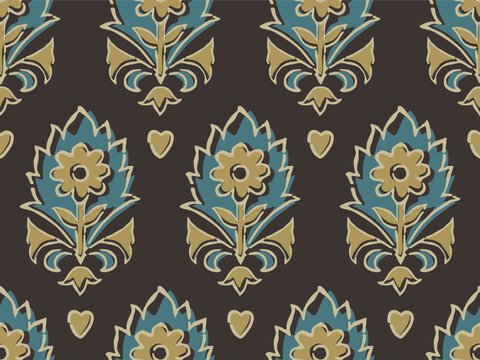 SPRIG FLORAL AJRAKH PATTERN AND BLOCK PRINT PATTERN BATIK PRINT BACKGROUND DIGITAL PRINTING TEXTILE PATTERN
