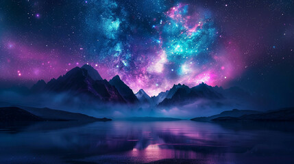 Naklejka premium Fantasy Starry Night Sky in Blue and Purple A Magical Journey Through Celestial Colors and Dreamlike Landscapes