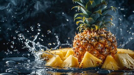 Water splashed delicious pineapple slices, isolated dark background.